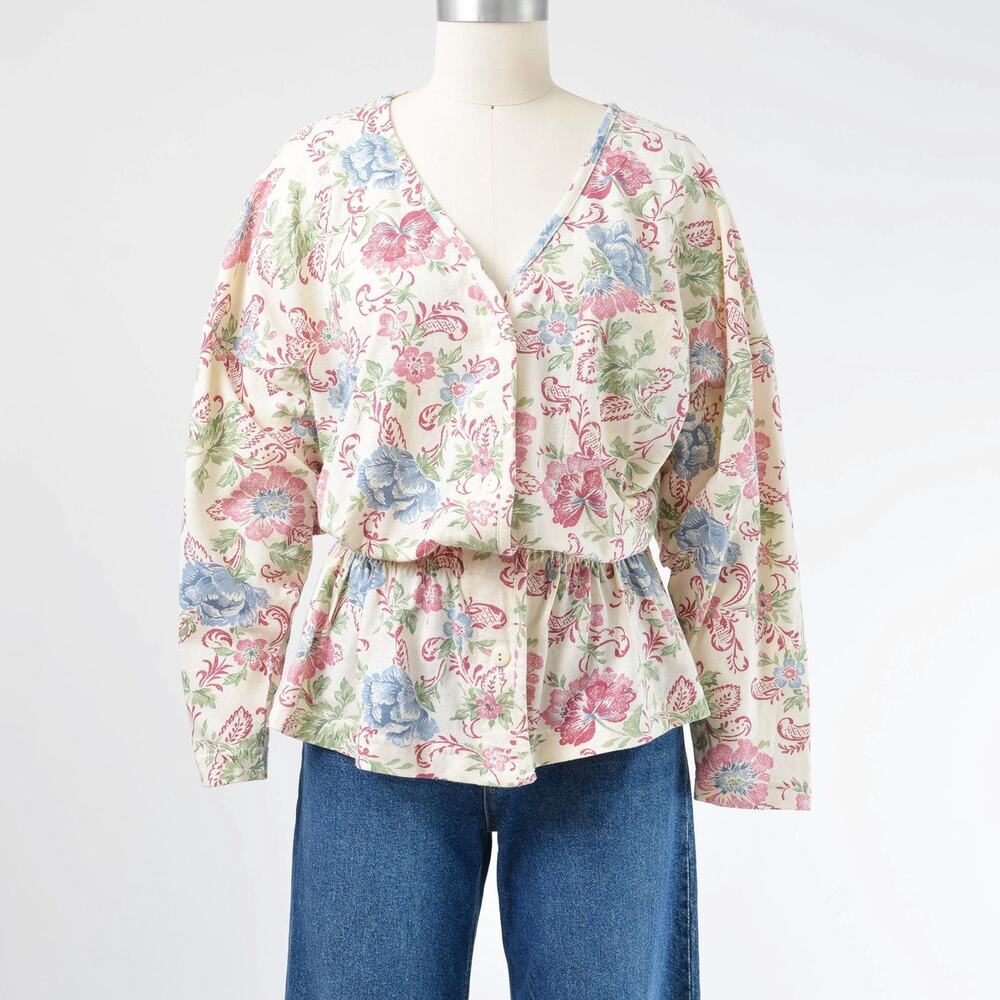 Vintage 80s Cream Floral Knit Top Grannycore Cinch Waist Jersey Knit Blouse M